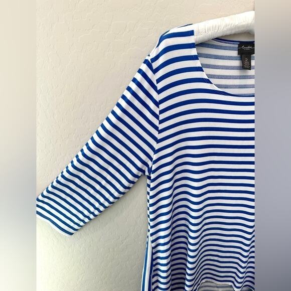 CHICO’S TRAVELERS | Blue White Striped Tunic Top Asymmetrical Hem | Size 2 Large - Picture 3 of 7